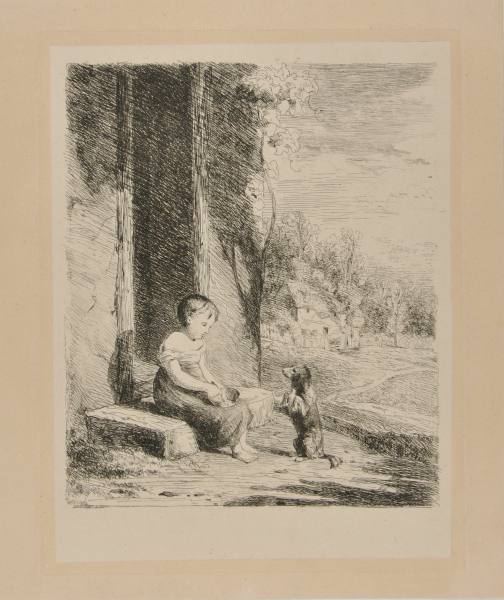 DOG BEGGING OF A CHILD SITTING ON A DOORSTEP