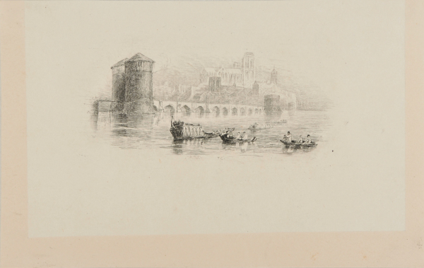 BOATS ON RIVER, WITH STONE BRIDGE AND CATHEDRAL IN BACKGROUND