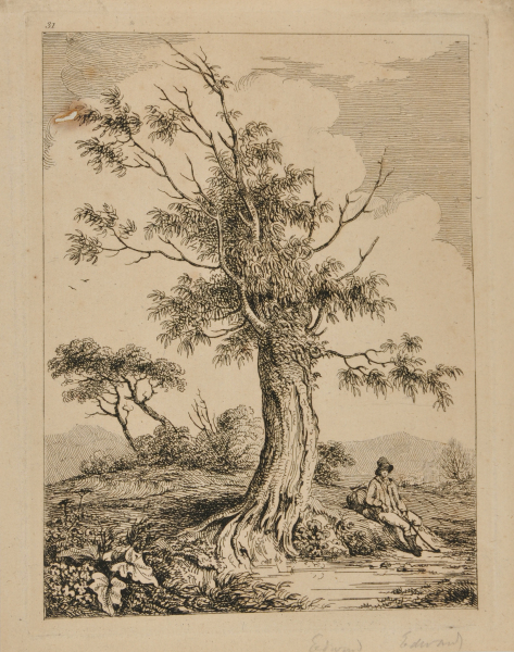 Landscape, with Man with Pack Resting Near an Old Tree