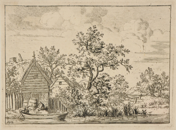 FIGURES WITH TWO BARRELS AT THE DOOR OF A COTTAGE