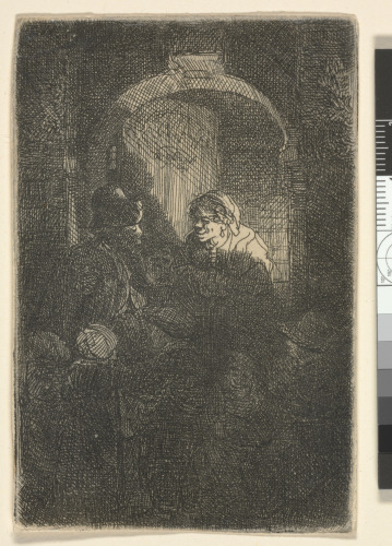 A HURDY-GURDY PLAYER FOLLOWED BY CHILDREN AT THE DOOR OF A HOUSE
