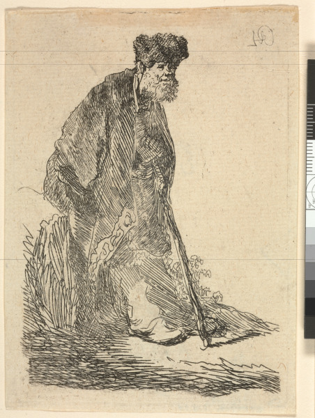 MAN IN A COAT AND FUR CAP LEANING AGAINST A BANK