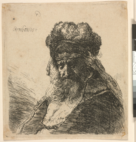 BEARDED OLD MAN IN A HIGH FUR CAP, WITH EYES CLOSED