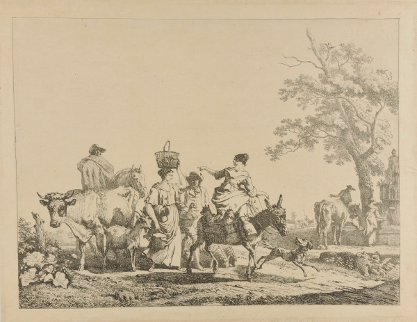 MEN AND WOMEN WITH BASKETS AND CATTLE GOING TO MARKET, WOMAN IN FRONT ON A DONKEY