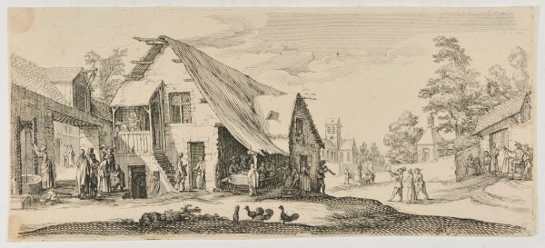 VILLAGE SCENE WITH MEN AROUND A TABLE UNDER A ROOF AT CORNER OF HOUSE