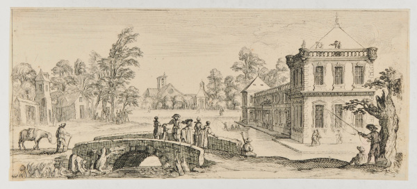 PEOPLE ON STONE BRIDGE, A PALACE IN BACKGROUND