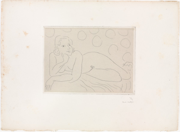 OUTSTRETCHED NUDE ON BACKGROUND WITH CIRCULAR MOTIFS