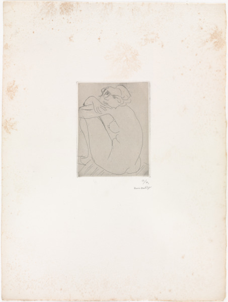 CROUCHING NUDE ON STRIPED SEAT