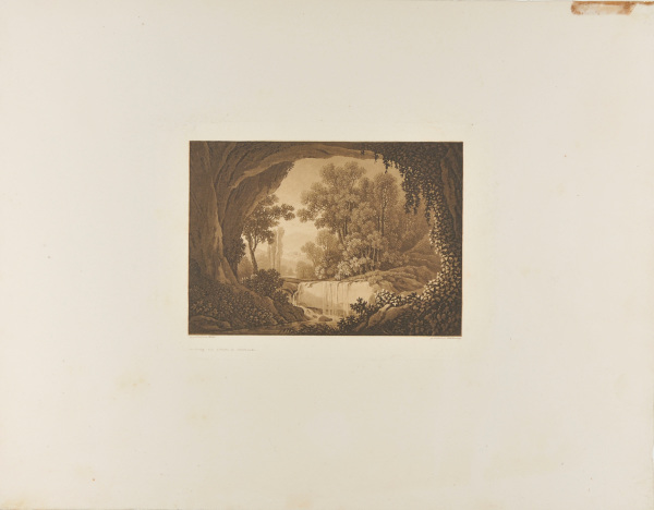 LANDSCAPE WITH HUGE TREE TRUNKS IN FOREGROUND AND WATERFALL IN CENTER