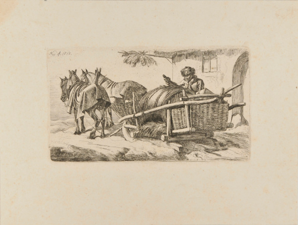 SLEIGH WITH WINE BARREL DRAWN BY TWO HORSES