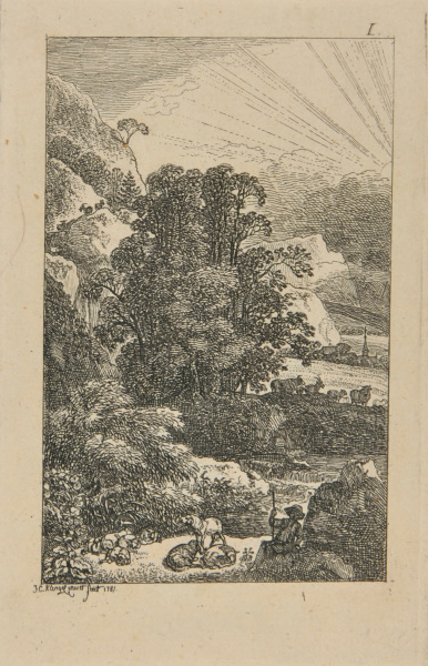 CLEARING THUNDERSTORM IN A ROCKY LANDSCAPE, WITH A SHEPHERD RESTING WITH HIS FLOCK