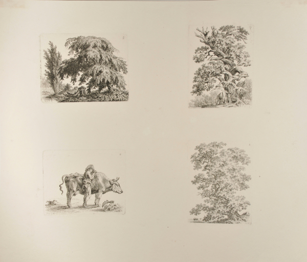 ENGLISH GARDEN WITH WILLOW AND URN (UPPER LEFT); OX SCRATCHING AGAINST A GNARLED OAK (UPPER RIGHT); GNARLED OAK WITH FLUTE-PLAYING SHEPHERD SITTING ON BRANCH (LOWER RIGHT); YOUNG SHEPHERD WITH A COW (LOWER LEFT)