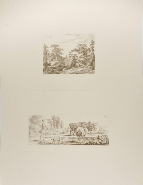 LANDSCAPE WITH THATCHED COTTAGES (TOP); YOUNG COWHERD WITH A DOG AND FIVE COWS (BOTTOM)