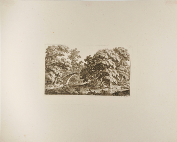 LANDSCAPE WITH SMALL POND AND STONE BRIDGE