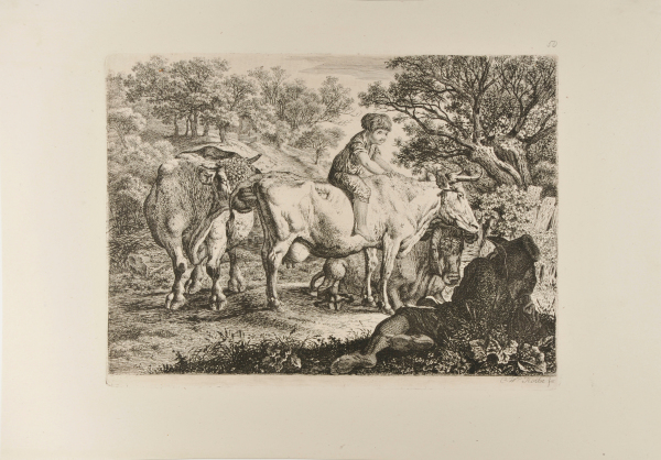 LANDSCAPE WITH STEER AND TWO COWS, ONE RIDDEN BY A BOY