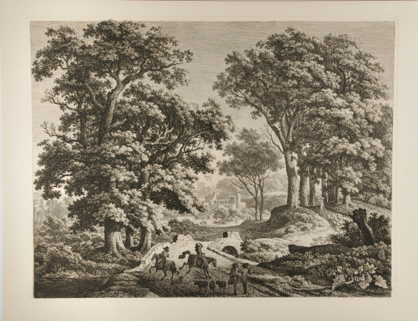 ROAD THROUGH A WOODS WITH TWO RIDERS ON BUCKING HORSES AND STONE BRIDGE