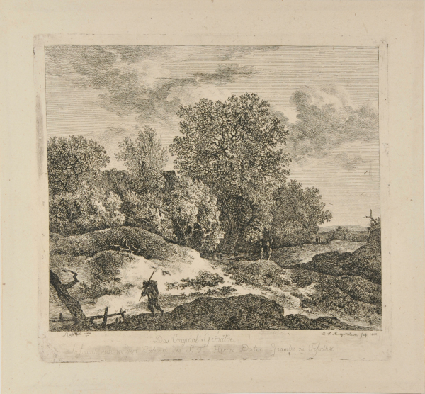 FOREST LANDSCAPE WITH A MAN CARRYING A PACK