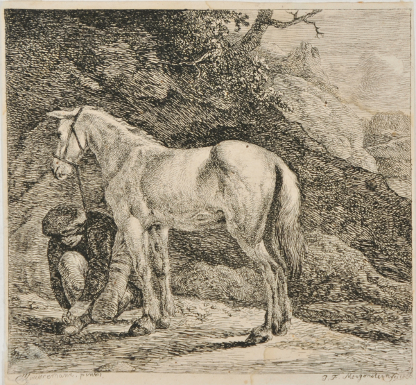 PEASANT KNEELING NEXT TO A WHITE HORSE