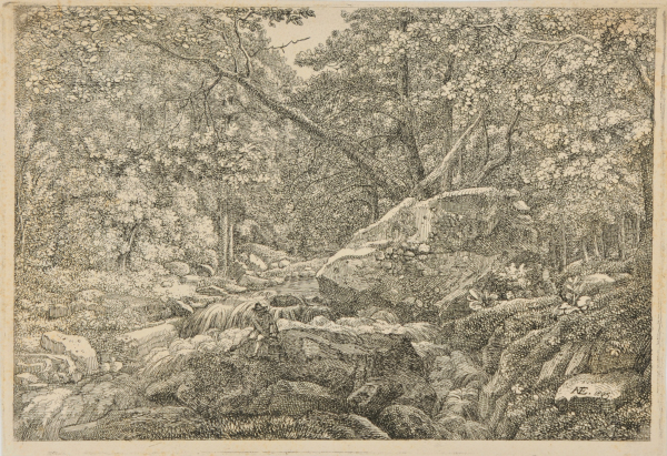 ROCKY STREAM THROUGH THE WOODS, WITH MAN SITTING ON ROCK BY CASCADE
