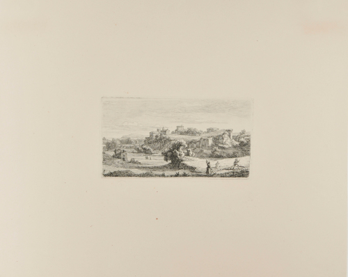 LANDSCAPE WITH HAYMAKERS, WITH AN ITALIAN HILL TOWN IN THE DISTANCE