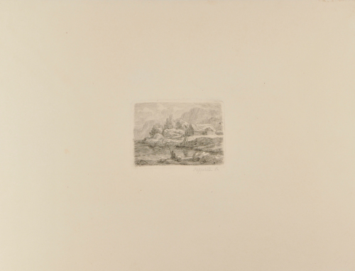 LANDSCAPE WITH SAILBOAT AND MAN FISHING