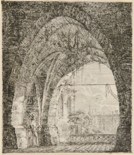 GALLERY WITH GOTHIC ARCHES, HALBERDIER AT LEFT