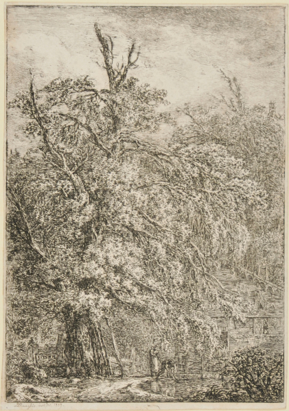 FOREST LANDSCAPE WITH HOUSE AND POND