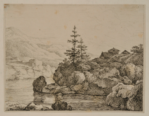ROCKY LANDSCAPE, WITH CABINS NEAR WATER