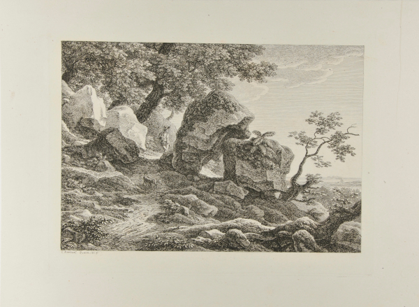 LANDSCAPE, WITH HUNTER ON PATH BETWEEN ROCKS
