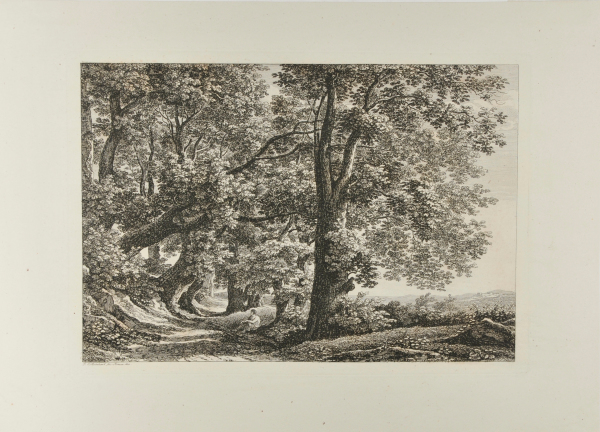 LANDSCAPE, WITH WANDERER RESTING UNDER LARGE TREES