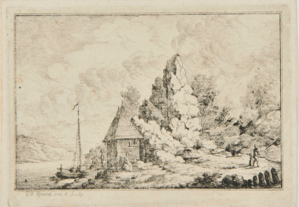 LANDSCAPE WITH SMALL COTTAGE AND SAILING BOAT