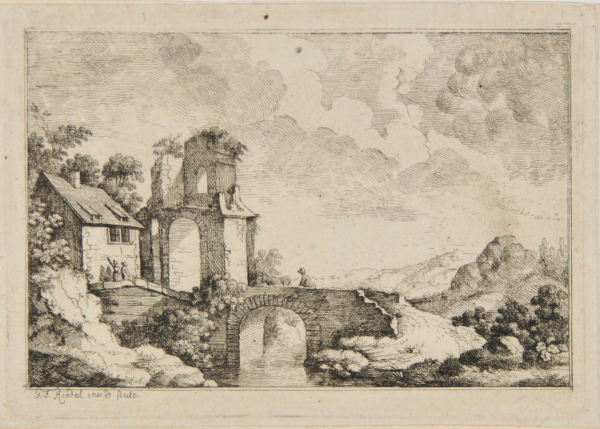 LANDSCAPE WITH MAN DRIVING A COW OVER A BRIDGE