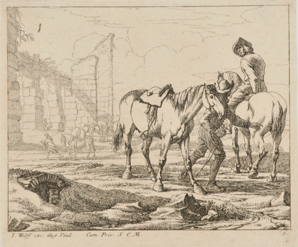 Landscape with Rider Leading Horse, with Another Horse and Rider Nearby