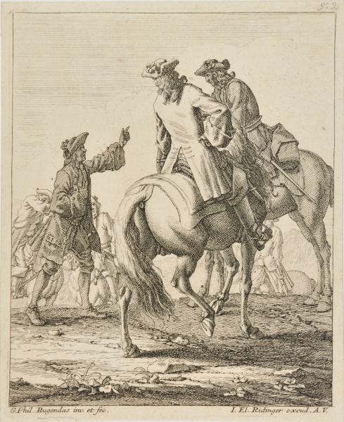 Man on Foot Talking to Two Men on Horseback