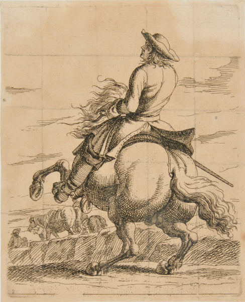 MAN MOUNTED ON REARING HORSE, SEEN FROM BACK