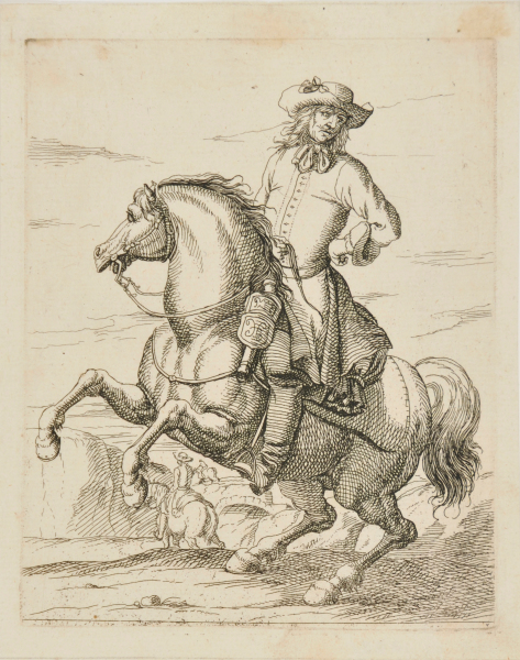 RIDER SEEN FROM THE FRONT, ON HORSE REARING TOWARD LEFT