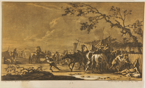 MILITARY CAMP, YOUTH PULLING HORSE ON REIN IN FOREGROUND