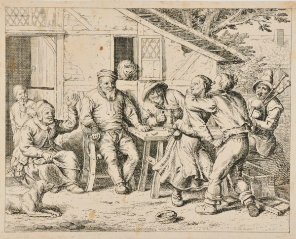 PEASANTS BEFORE AN INN, TWO DANCING AND ONE PLAYING THE BAG-PIPE