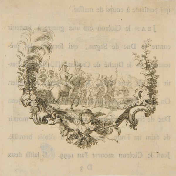 VIGNETTE WITH SOLDIERS ON HORSEBACK IN FOREGROUND AT LEFT