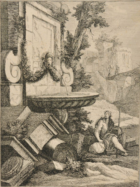 FIGURE SITTING NEXT TO A FOUNTAIN