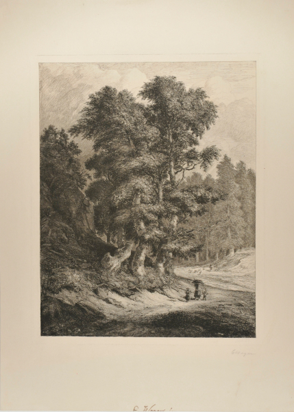 A FAGGOT GATHERER WITH HER TWO CHILDREN AT THE ENTRANCE TO A FOREST