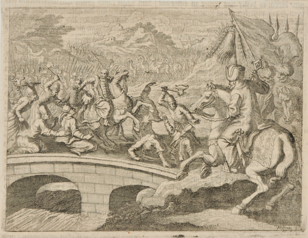BATTLE SCENE, WITH MEN FIGHTING ON A STONE BRIDGE