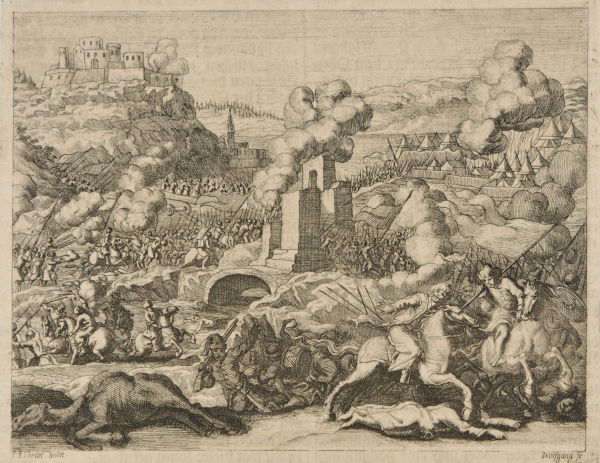 BATTLE SCENE, WITH CATTLE ON HILL IN DISTANCE