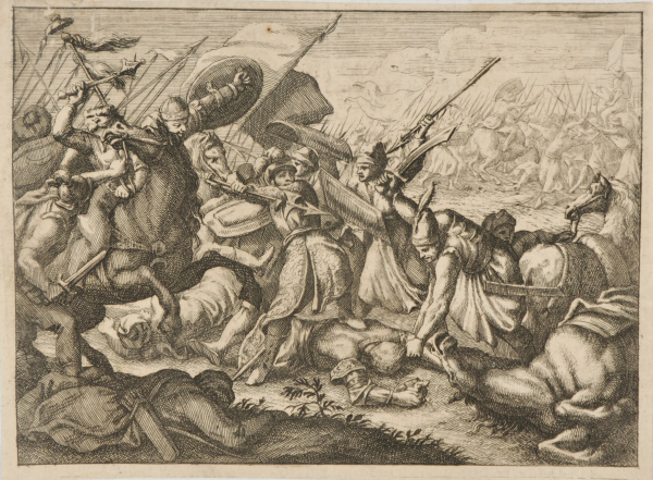 BATTLE SCENE, MAN ON HORSEBACK AT LEFT