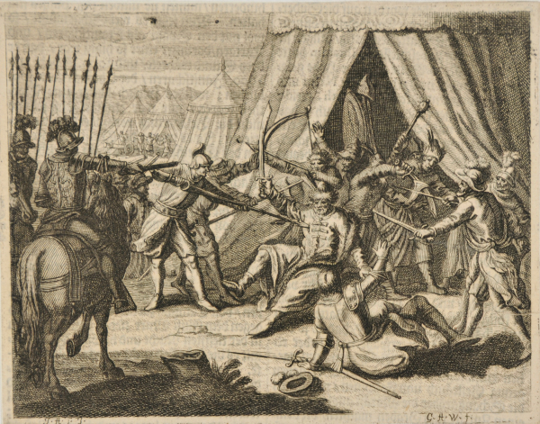SOLDIERS ATTACKING MEN IN A TENT