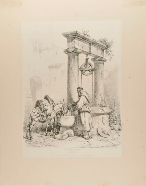 SPANISH PILGRIM WATERING HIS DONKEY AT A WELL