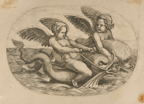 TWO CUPIDS RIDING ON DOLPHINS