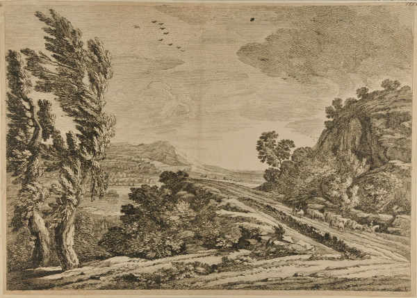 LANDSCAPE WITH HERD OF CATTLE ON ROAD