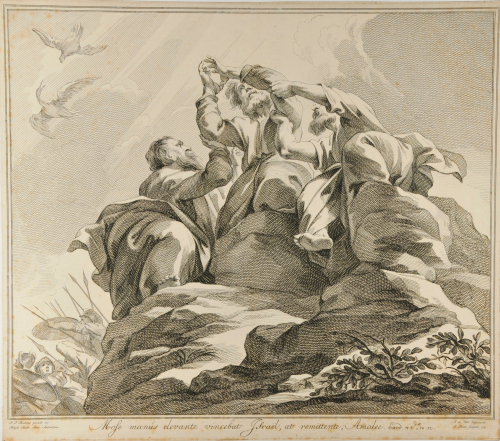 MOSES SEATED ON A STONE BY AARON AND HUR
