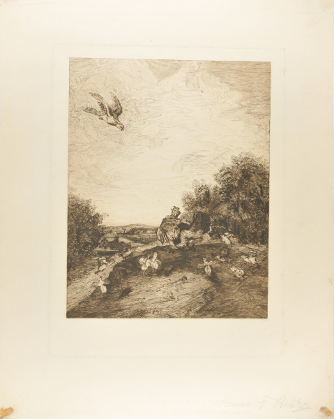 LANDSCAPE WITH HAWK SWOOPING DOWN OVER A BROOD OF FRIGHTENED CHICKS AND THEIR MOTHER